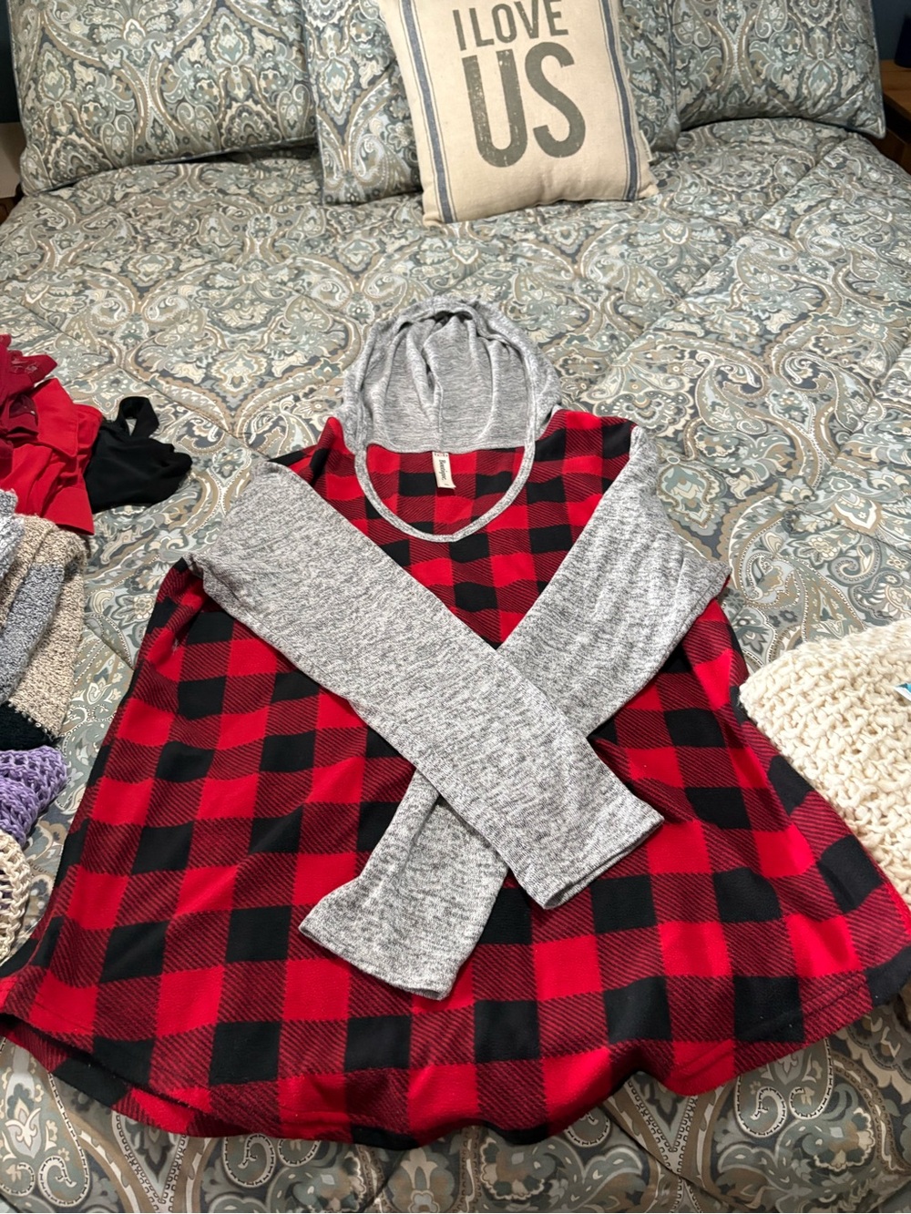 Red & Black Buffalo Plaid Hoodie Tunic with Gray Sleeves